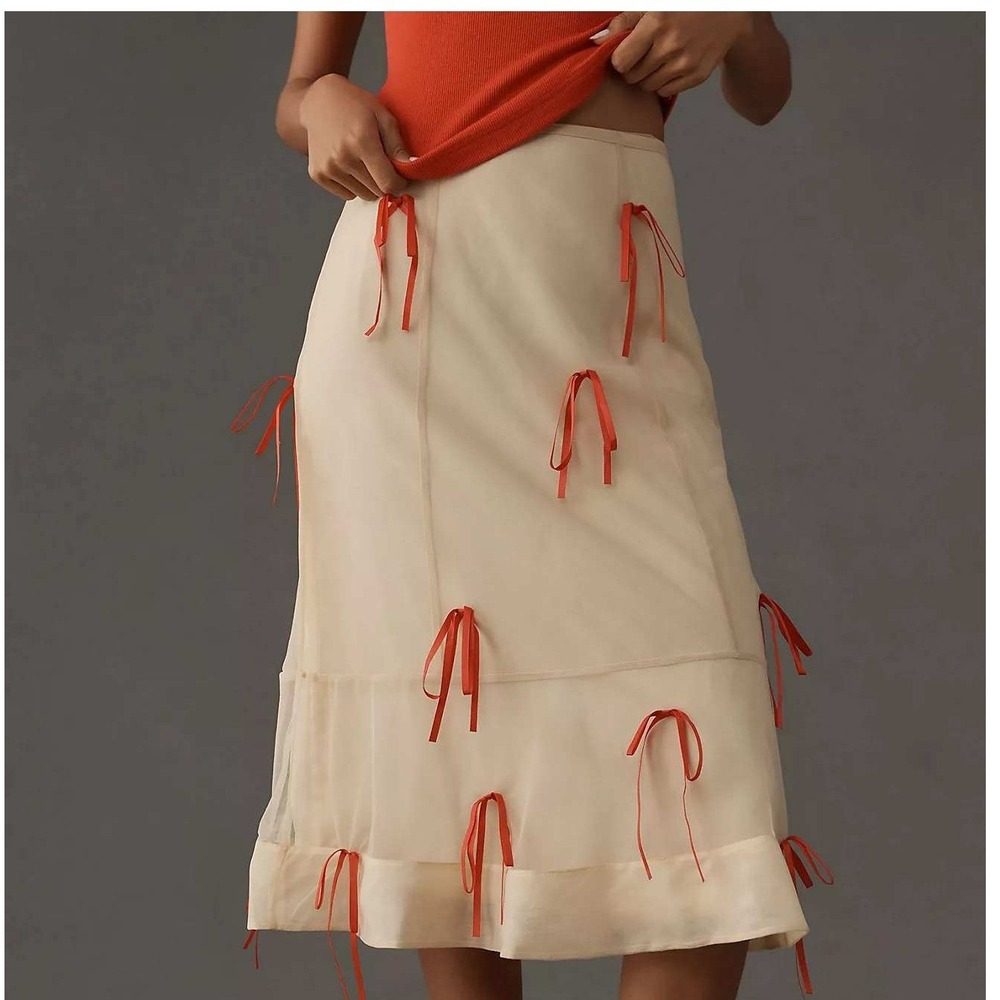 Maeve Midi Skirt Womens 6 Cream Pink Bows Mesh Coquette Balletcore Romantic